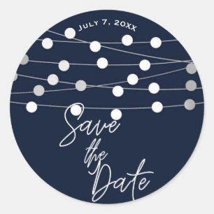 Pegatina Redonda Blue Silver String Lights Wedding Save the Date
