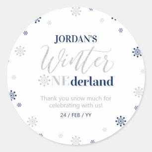Pegatina Redonda Blue Silver Winter onederland Gracias nieve mucho