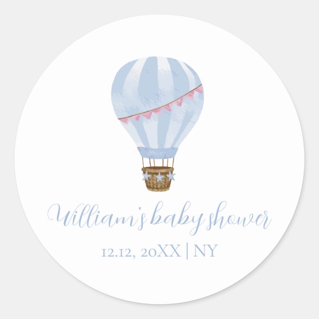 Pegatina Redonda Blue Simple Air Balloon Boy Baby Shower (Anverso)