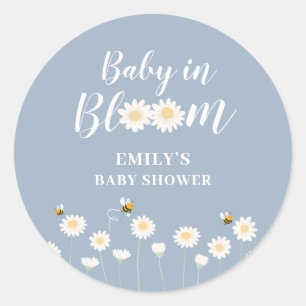 Pegatina Redonda Blue Simple Boho Daisy Floral Baby En La Ducha De