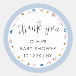 Pegatina Redonda Blue Simple Tiny Wilflower Baby Shower Gracias