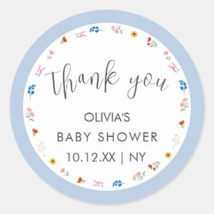 Pegatina Redonda Blue Simple Tiny Wilflower Baby Shower Gracias
