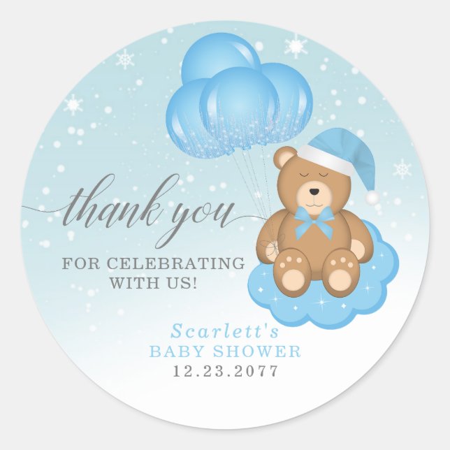 Pegatina Redonda Blue Sleepy Bear Balloon Gracias Baby Shower (Anverso)