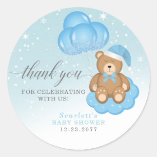 Pegatina Redonda Blue Sleepy Bear Balloon Gracias Baby Shower