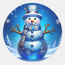 Pegatina Redonda Blue Snowman Snowflakes Holiday Sticker