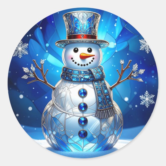 Pegatina Redonda Blue Snowman Snowflakes Holiday Sticker (Anverso)