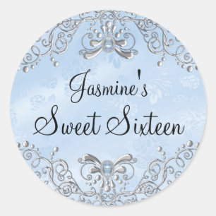 Pegatina Redonda Blue Sparkle Jewel Sweet Dieciséis Pegatinas