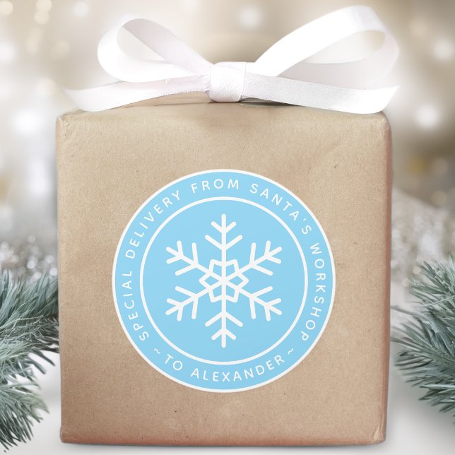 Pegatina Redonda Blue Special Delivery from Santa to Name Snowflake (Subido por el creador)
