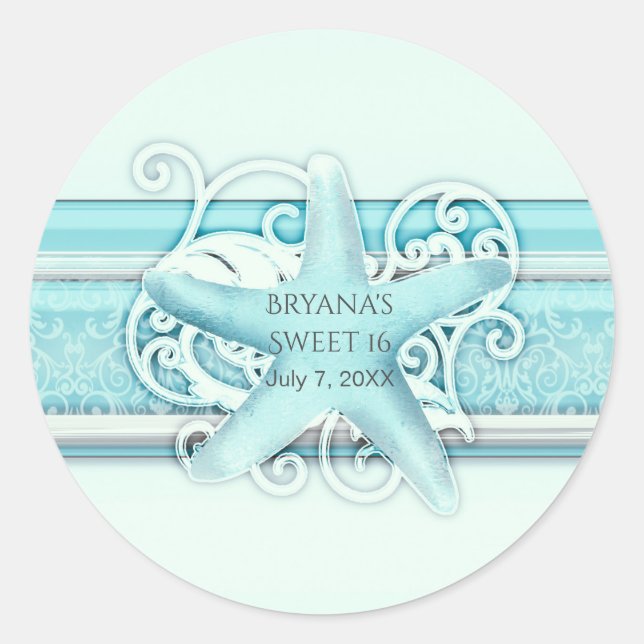 Pegatina Redonda Blue Starfish Elegant Beach Wedding Favor (Anverso)