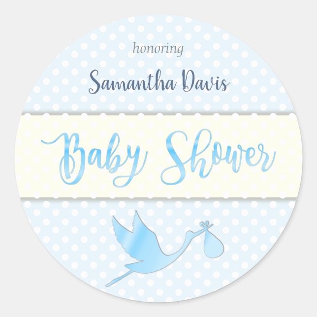 Pegatina Redonda Blue Stork Baby Boy Baby Shower (Anverso)