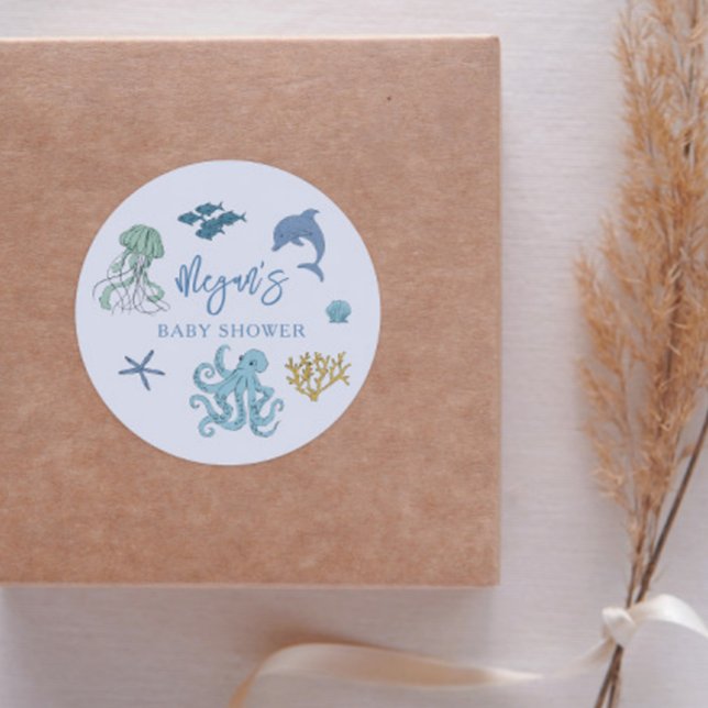 Pegatina Redonda Blue Summer Ocean Baby Shower Favor (Subido por el creador)