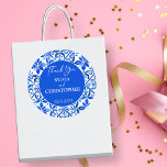 Pegatina Redonda Blue Talavera Baldosas de España favor de la boda<br><div class="desc">Blue Azulejo Talavera Baldosas mexicanas español elegante boda gracias a los pegatinas plantilla,  colores vivos audaces tipografía casual moderna boda pegatinas novios nombres de novios pegatinas</div>