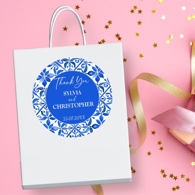 Pegatina Redonda Blue Talavera Baldosas de España favor de la boda (Blue Talavera Spanish tiles wedding thank you favor Stickers wedding favors)