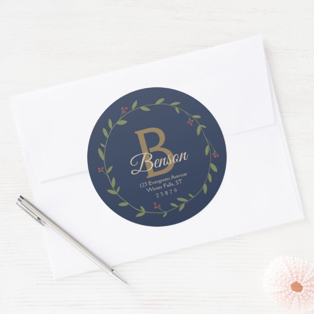 Pegatina Redonda Blue Tan Monograma SVG Navidades Wreath Dirección (Sobre)