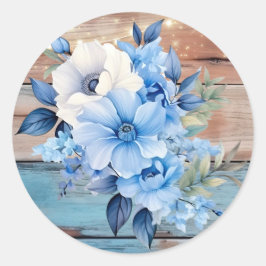 Pegatina Redonda Blue Tan Wood Luces Boda Floral
