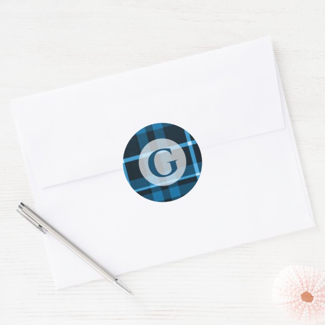 Pegatina Redonda Blue Tartan Plaid Monogrammed (Sobre)