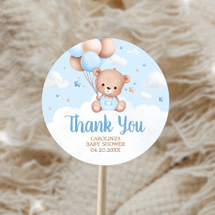 Pegatina Redonda Blue Teddy Bear Nubes Globo Baby Shower