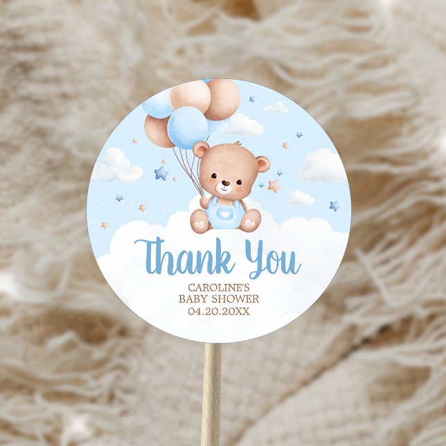 Pegatina Redonda Blue Teddy Bear Nubes Globo Baby Shower (Blue Teddy Bear Clouds Balloon Baby Shower Sticker)
