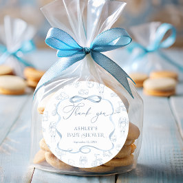 Pegatina Redonda Blue Toile de Jouy Nursery Baby Shower Gracias