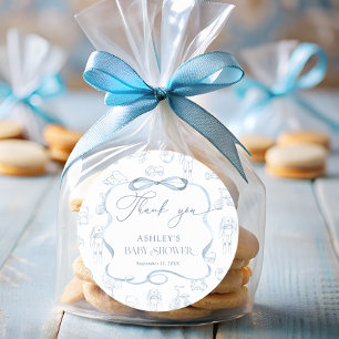 Pegatina Redonda Blue Toile de Jouy Nursery Baby Shower Gracias