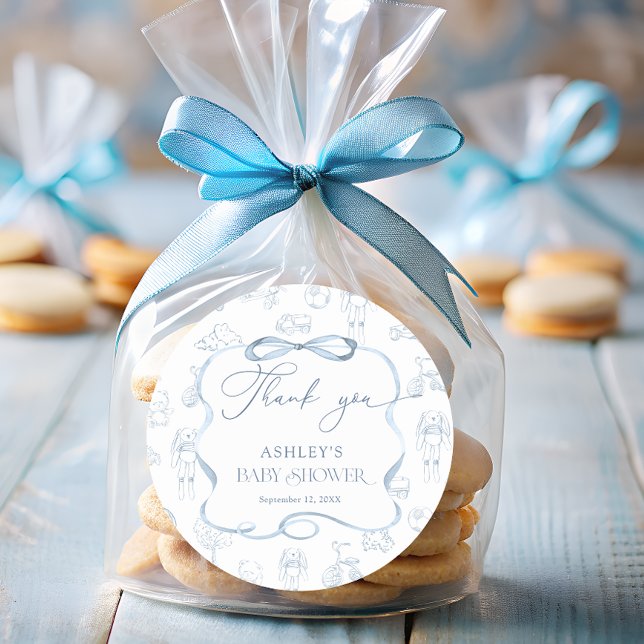 Pegatina Redonda Blue Toile de Jouy Nursery Baby Shower Gracias (Subido por el creador)