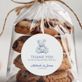 Pegatina Redonda Blue Toile Teddy Bear Boy Baby Shower Favor