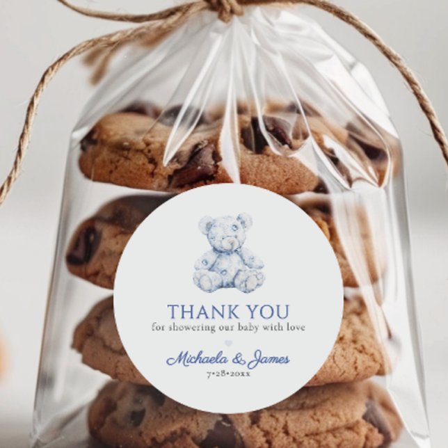 Pegatina Redonda Blue Toile Teddy Bear Boy Baby Shower Favor (Subido por el creador)