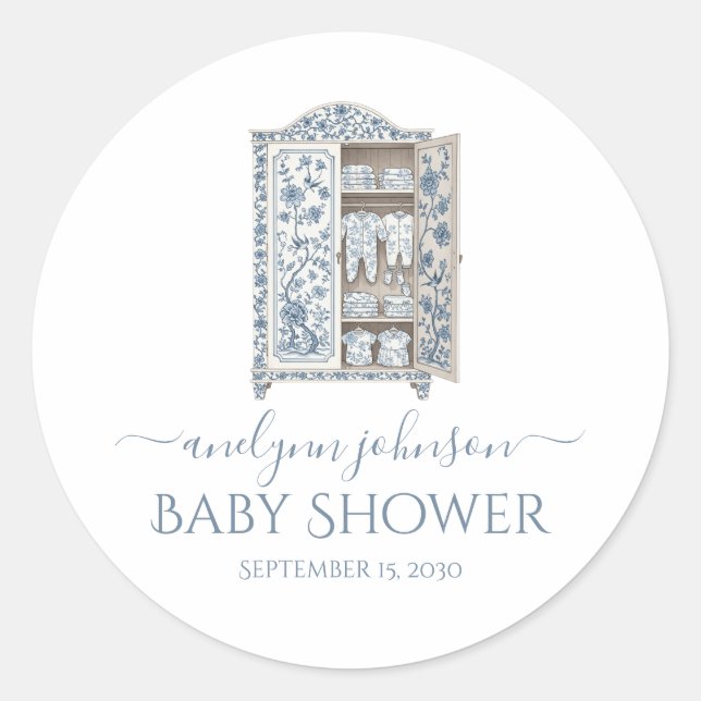 Pegatina Redonda Blue Toile Victorian Wardrobe Baby Shower (Anverso)