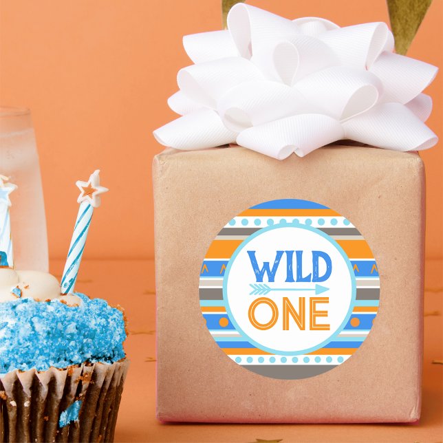 Pegatina Redonda Blue Tribal Wild One 1st Birthday Stickers (Wild One Tribal Patterned 1st Birthday Party Round Stickers. Available in 2 Sizes )