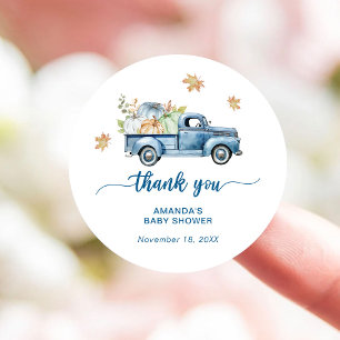 Pegatina Redonda Blue Truck Pumpkin Baby Shower Gracias
