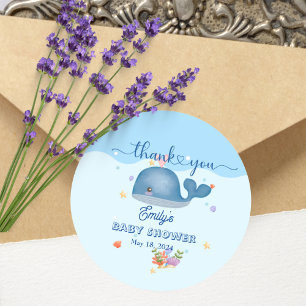 Pegatina Redonda Blue Under Sea Baby Boy Shower Whale