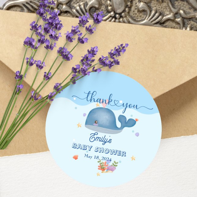 Pegatina Redonda Blue Under Sea Baby Boy Shower Whale (Subido por el creador)