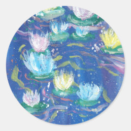 Pegatina Redonda Blue Water Lilies Painting Stickers