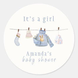 Pegatina Redonda Blue Watercolor Chica Winter Clothes Baby Shower