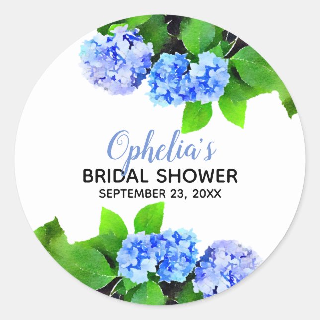 Pegatina Redonda Blue Watercolor Hydrangeas Floral Bridal Shower (Anverso)
