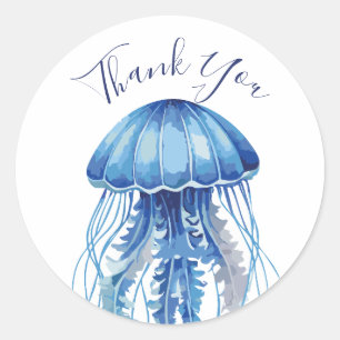 Pegatina Redonda Blue Watercolor Jellyfish Gracias