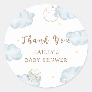 Pegatina Redonda Blue Watercolor Moon Star Cloud Boy Baby Shower
