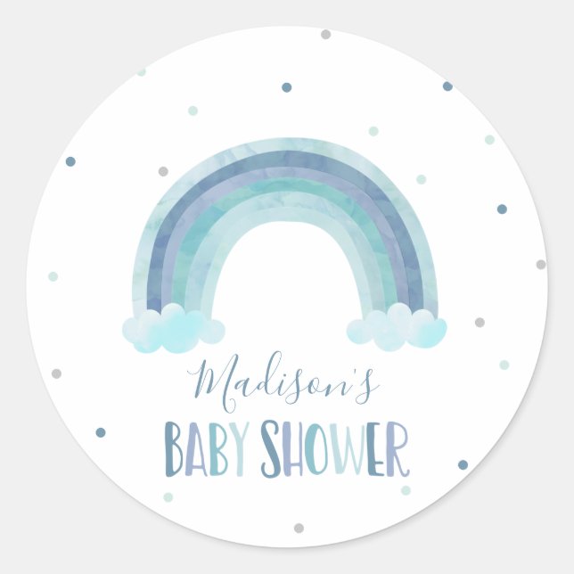 Pegatina Redonda Blue Watercolor Rainbow Baby Shower (Anverso)