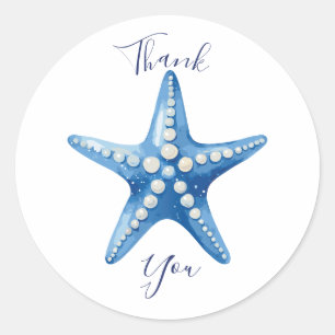 Pegatina Redonda Blue Watercolor Starfish Gracias