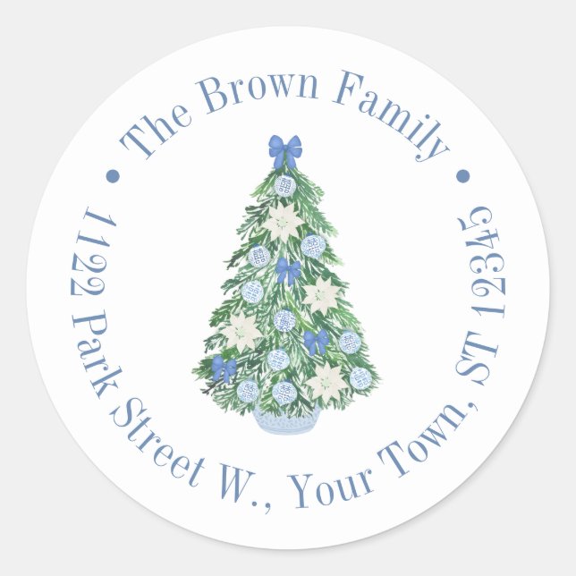 Pegatina Redonda Blue White Chinoiserie Holiday Tree Return Address (Anverso)