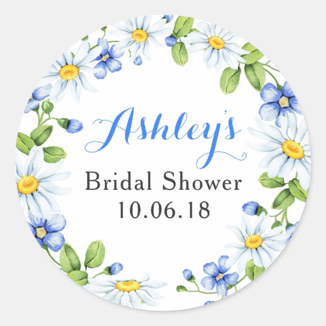 Pegatina Redonda Blue White Daisy Floral Bridal Shower (Anverso)