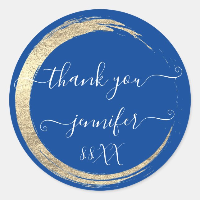 Pegatina Redonda Blue White Gracias Dorado Frame Date Bridal (Anverso)