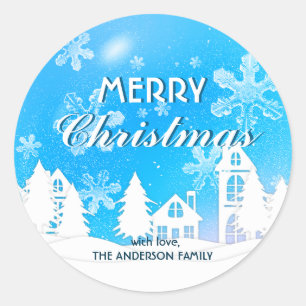 Pegatina Redonda Blue White House Snowflakes Navidad Feliz Año Nuev