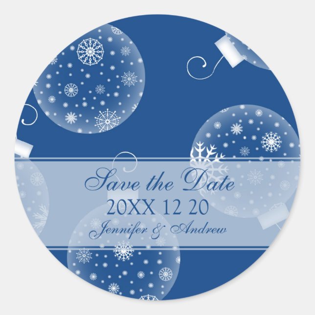 Pegatina Redonda Blue White Save the Date Winter Wedding Pegatinas (Anverso)