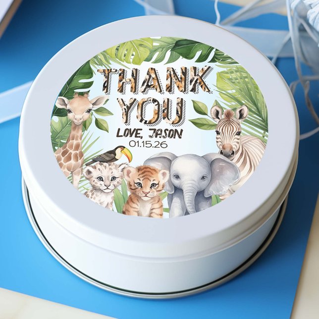 Pegatina Redonda Blue Wild One Jungle Animals Gracias a ti (Safari themed birthday thank you stickers)