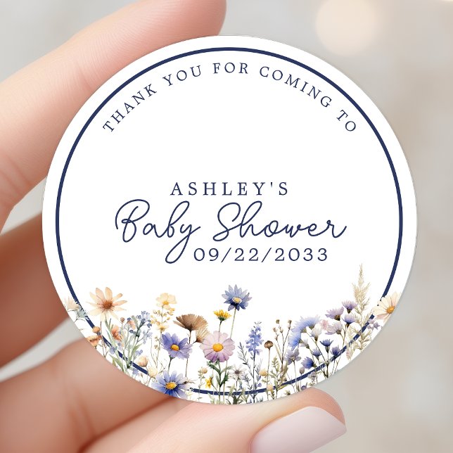 Pegatina Redonda Blue Wildflower Boho Baby Shower Gracias (Subido por el creador)