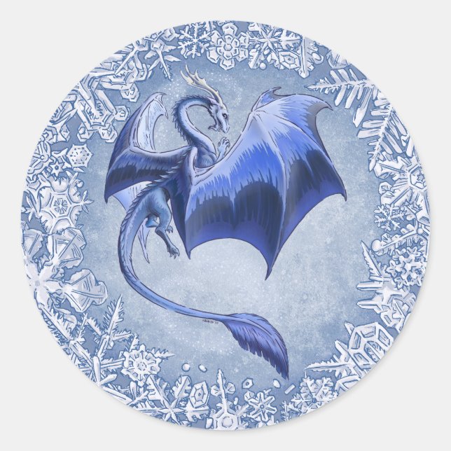Pegatina Redonda Blue Winter Dragon Fantasy Nature Art (Anverso)