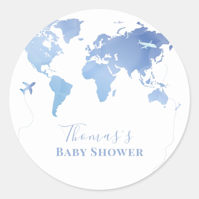 Pegatina Redonda Blue World Map Travel Adventure Baby Shower (Anverso)