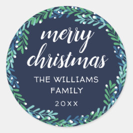 Pegatina Redonda Blue Wreath Merry Christmas