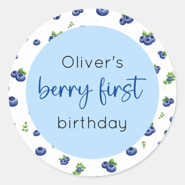 Pegatina Redonda Blueberry 1ᵉʳ Birthday Berry First (Anverso)
